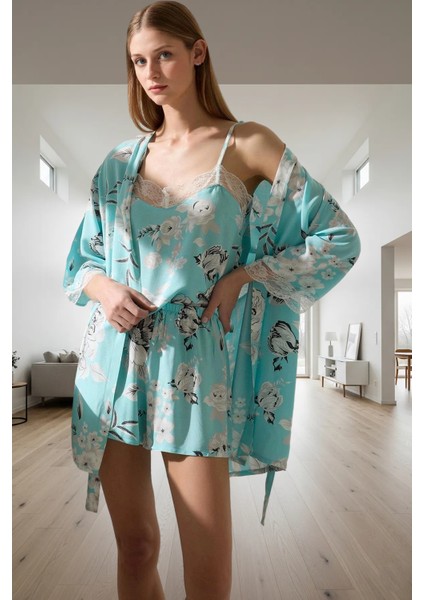 Şortlu Pijama Takımı 3lü Çiçek Desenli Yumuşak Viskoz Yaz Için Modern Stil Trend Tasarım