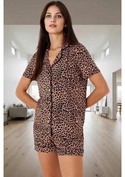 Yazlık Şortlu Pijama Takımı %100 Pamuk Leopar Desen Regular Kalıp Ev Giyim Seti Kaliteli Işçilik