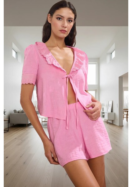 Rahat Yazlık Pijama Takımı Müslin Kumaş V Yaka Brodeli Detaylar Kullanım