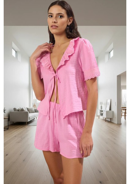 Rahat Yazlık Pijama Takımı Müslin Kumaş V Yaka Brodeli Detaylar Kullanım fiyatları