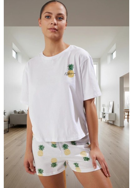 Ananas Desenli Pamuklu Pijama Takımı Rahat Nefes Alan Yazlık Yüksek Kalite Modern Stil