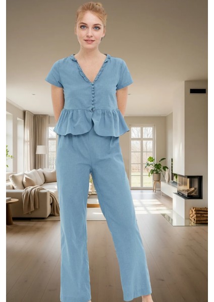 Shally Dokuma Viskoz Pijama Takımı V Yaka Fırfır Detay Rahat Kalıp Seçkin Malzeme