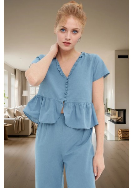 Shally Dokuma Viskoz Pijama Takımı V Yaka Fırfır Detay Rahat Kalıp Seçkin Malzeme fiyatları