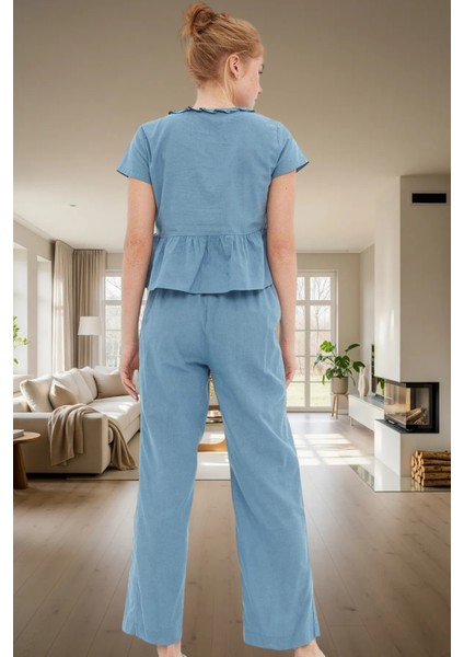 Shally Dokuma Viskoz Pijama Takımı V Yaka Fırfır Detay Rahat Kalıp Seçkin Malzeme modelleri