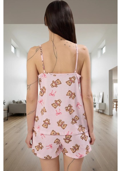 Yazlık %100 Pamuklu Rahat Pijama Takımı; Ayıcıklı Desen V Yaka Regular Kalıp Zarifane Tasarım modelleri