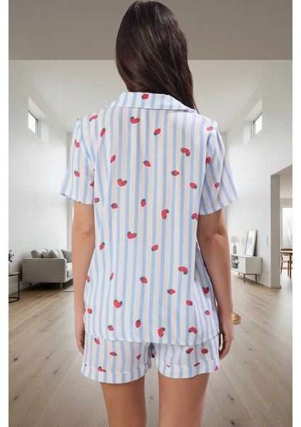 Çizgili Çilek Desenli Viskoz Şortlu Pijama Takımı Yazlık Regular Profesyonel Görünüm
