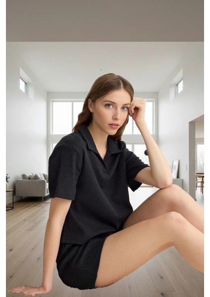 Örme Pijama Takımı Waffle Kumaş Boru Paça Şort Rahat Kalıp Evde Konfor Kaliteli Işçilik