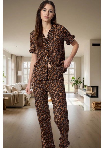 Rahat %100 Pamuklu Leopar Pijama Takımı Kısa Kollu Gömlek ve Boru Paça Pantolon Zarifane Tasarım