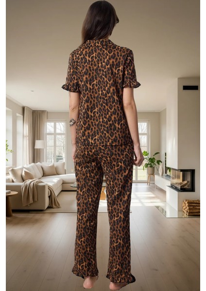 Rahat %100 Pamuklu Leopar Pijama Takımı Kısa Kollu Gömlek ve Boru Paça Pantolon Zarifane Tasarım modelleri
