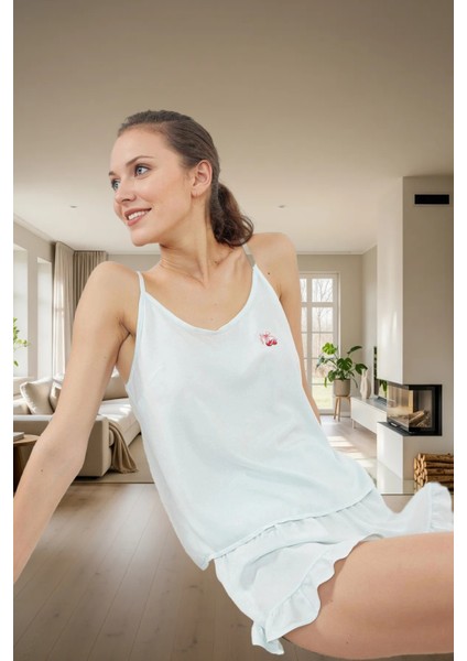 Kiraz Nakışlı Viskon Pijama Takımı Şortlu Kolsuz Regular Kalıp Yüksek Kalite Modern Stil