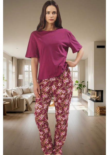 Çiçekli Örme Pamuk Pijama Takımı Ideal Ev Giyim Konforu Yüksek Kalite Uzun Ömürlü