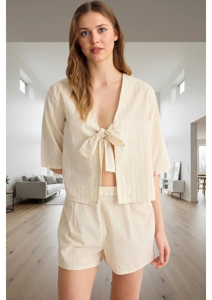 Pamuklu Keten Pijama Takımı Çizgili Bağlamalı Regular Kalıp Yaz Dayanıklı Malzeme fiyatları