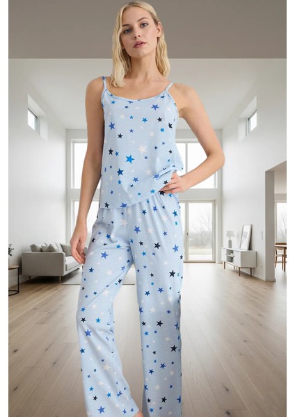 Rahat Örme Pijama Takımı Yıldız Desenli Ince Askılı Regular Kalıp Konforlu Kesim fiyatları