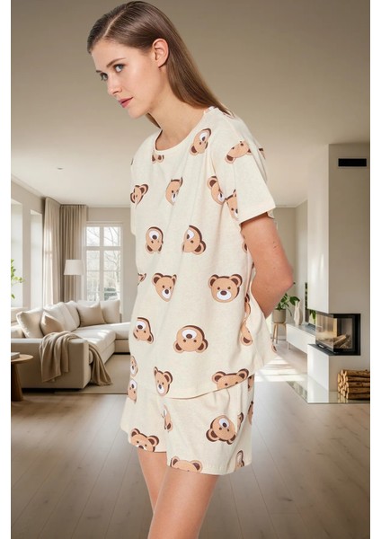 Kadın %100 Pamuklu Regular Kalıp Ayıcıklı Pijama Takımı Özenle Seçilmiş Trend Tasarım