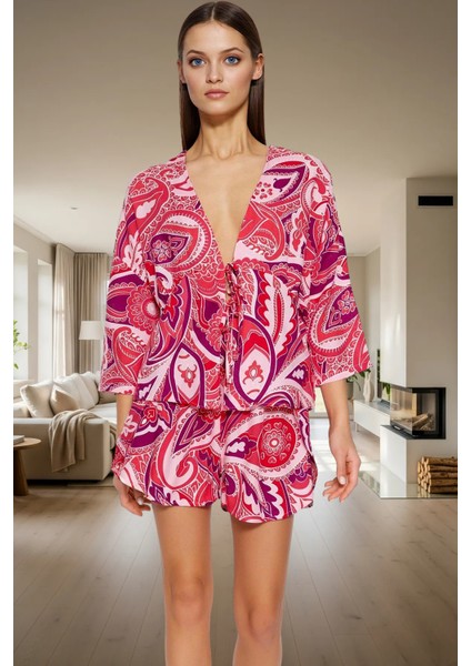 Rahat Viskoz Pijama Takımı Etnik Desenli Bağlamalı Şortlu Homewear ve Şık Özenle Seçilmiş