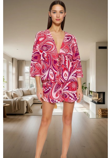 Rahat Viskoz Pijama Takımı Etnik Desenli Bağlamalı Şortlu Homewear ve Şık Özenle Seçilmiş fiyatları