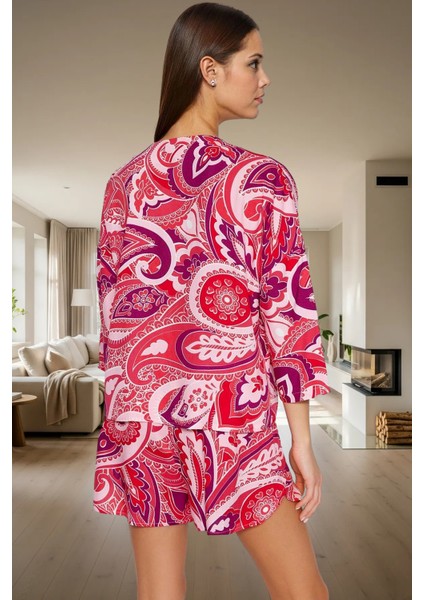 Rahat Viskoz Pijama Takımı Etnik Desenli Bağlamalı Şortlu Homewear ve Şık Özenle Seçilmiş modelleri