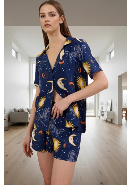 Rahat Kalıp Kısa Kollu Viskoz Pijama Takımı Bohem Galaksi Desen Yaz Için Şık Görünüm