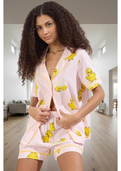 Ördek Desenli Pijama %100 Pamuk Kısa Kollu Regular Boru Paça Şort Konforlu Kesim