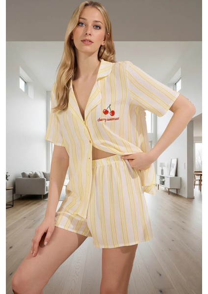 Homewear Çizgili Nakışlı Viskoz Pijama Takımı Şortlu ve Kısa Kollu Mükemmel Uyum fiyatları