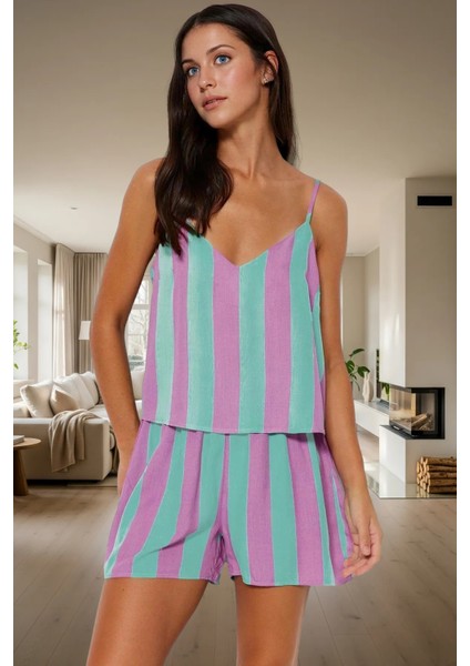 Yazlık Viskon Pijama Takımı Çizgili Desen Ince Askılı Regular Kalıp Ev Giyim Konforu
