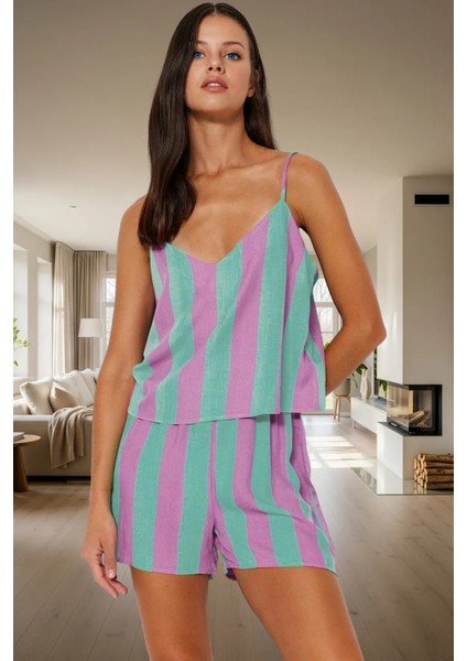 Yazlık Viskon Pijama Takımı Çizgili Desen Ince Askılı Regular Kalıp Ev Giyim Konforu fiyatları