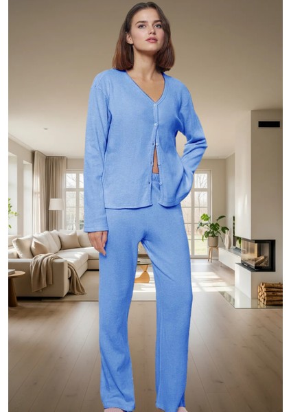 Kışlık 2'li Pijama Takımı Pamuk Karışımlı Hırka ve Pantolon Uzun Ömürlü Dayanıklı Malzeme