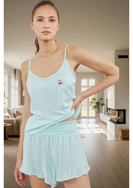 Rahat V Yaka Kolsuz Viskoz Pijama Takımı Kiraz Desenli Şortlu Günlük Kullanım Için