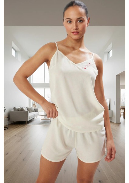 Yazlık Rahat Homewear Nakışlı Viskoz Pijama Takımı Kaliteli Işçilik Dayanıklı Malzeme