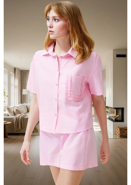 Dokuma Pamuklu Pijama Takımı Regular Kalıp Fırfırlı Detaylar Yazlık Kaliteli Işçilik