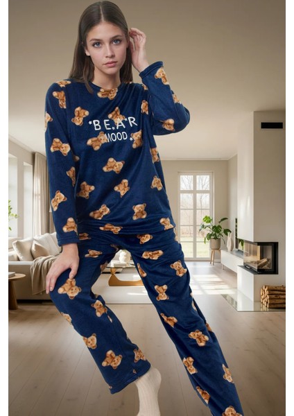 Rahat Kışlık Pijama Takımı Polar Kumaş Ayıcıklı Desen Boru Paça Seçkin Malzeme Zarifane Tasarım