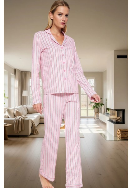 100 Pamuk Örme Pijama Takımı Çizgili Desen Uzun Kollu Gömlek Yaka Kışlık Yüksek Kalite fiyatları