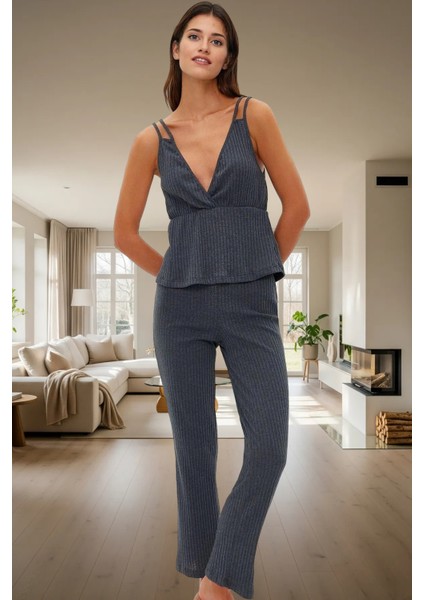Ince Askılı Pijama Takımı %64 Polyester %33 Pamuk %3 Viskoz Karışımı Boru Paça Rahat ve Şık