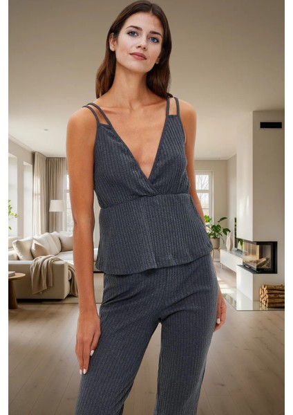 Ince Askılı Pijama Takımı %64 Polyester %33 Pamuk %3 Viskoz Karışımı Boru Paça Rahat ve Şık fiyatları