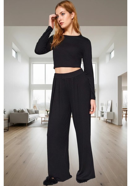 Rahatlığıyla Büyüleyecek Pijama Takımı Viskon Örme Geniş Paça Yüksek Bel Kalite
