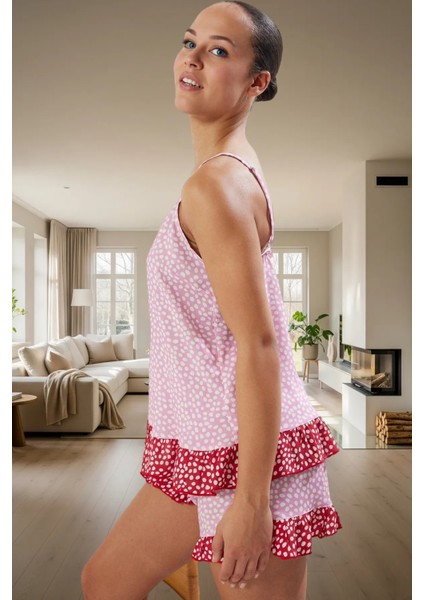Ince Askılı Fırfırlı Puantiyeli Viskon Pijama Takımı; Yazlık Rahat Şık Homewear Mükemmel Uyum