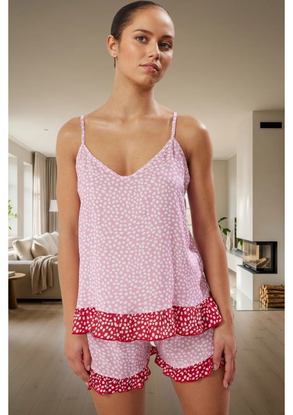 Ince Askılı Fırfırlı Puantiyeli Viskon Pijama Takımı; Yazlık Rahat Şık Homewear Mükemmel Uyum fiyatları