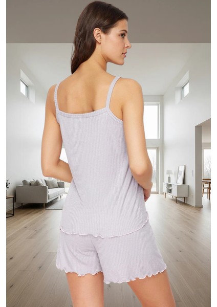 Rahat Kesim Örme Viskoz Pijama Takımı Kolsuz Kurdele Detaylı 2 Parça Kullanım modelleri