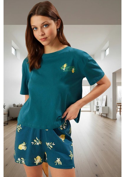 Rahat Pamuklu Pijama Takımı Limon Desenli Bisiklet Yaka Kısa Kollu Yüksek Kalite Mükemmel Uyum