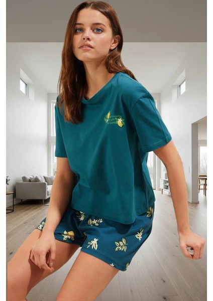 Rahat Pamuklu Pijama Takımı Limon Desenli Bisiklet Yaka Kısa Kollu Yüksek Kalite Mükemmel Uyum fiyatları