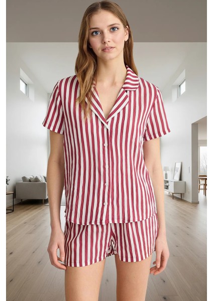 Yazlık Çizgili Pijama Takımı Nefes Alan Viskoz Kumaştan Mükemmel Uyum Günlük Kullanım Için
