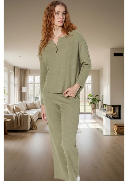 Rahat ve Şık Waffle Pijama Takımı Pamuklu V Yaka Uzun Kollu Yüksek Kalite fiyatları