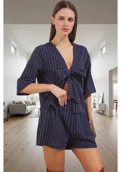 Pamuklu Keten Pijama Takımı Çizgili Bağlamalı Regular Kalıp Yaz Dayanıklı Malzeme