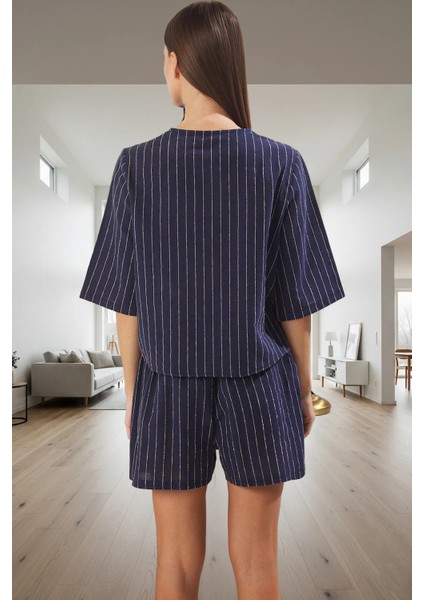 Pamuklu Keten Pijama Takımı Çizgili Bağlamalı Regular Kalıp Yaz Dayanıklı Malzeme modelleri