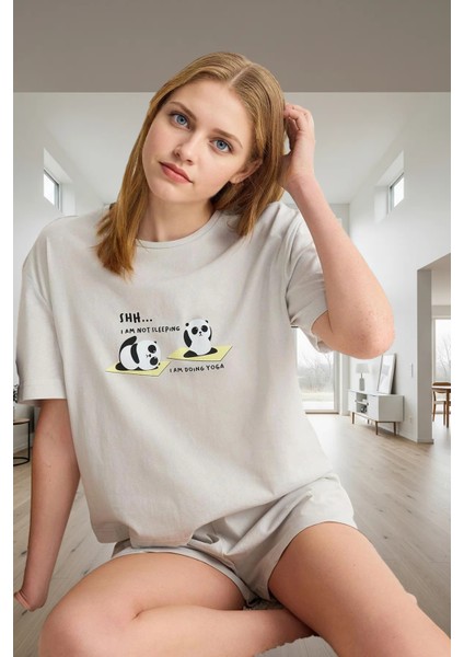 Yazlık %100 Pamuk Pijama Takımı Panda Baskılı Şortlu Regular Kalıp Rahat Kullanım Uzun Ömürlü