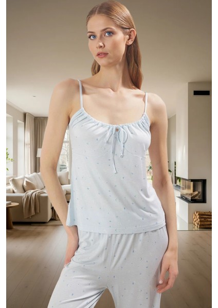 Ince Askılı Örme Pijama Takımı; Viskoz Kumaş Çiçek Desenli Ev Giyim Rahat Kalıp Trend Tasarım