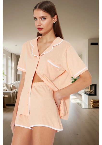 Biyeli Örme Pijama Takımı %100 Pamuk Regular Kalıp Kısa Şort Profesyonel Görünüm