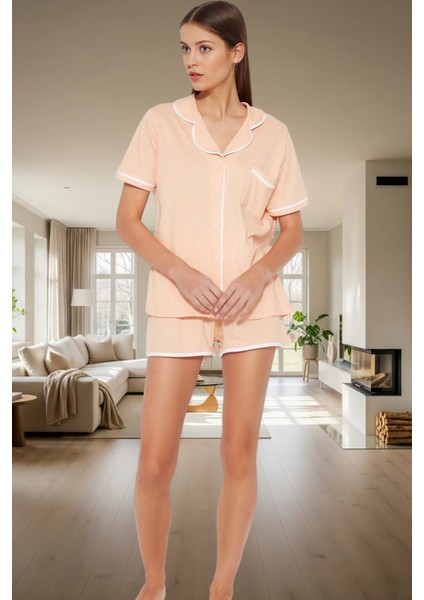 Biyeli Örme Pijama Takımı %100 Pamuk Regular Kalıp Kısa Şort Profesyonel Görünüm fiyatları