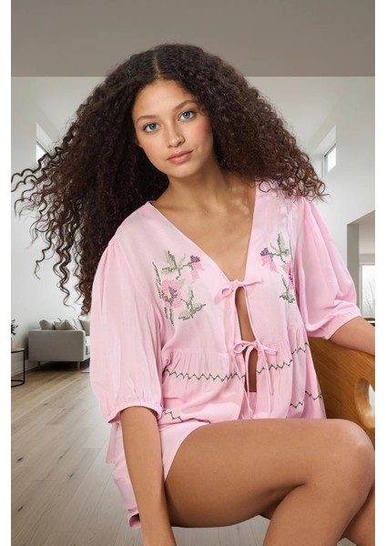 Nakışlı Fiyonklu Viskon Şortlu Pijama Takımı; Yazlık Rahat Homewear Uzun Ömürlü