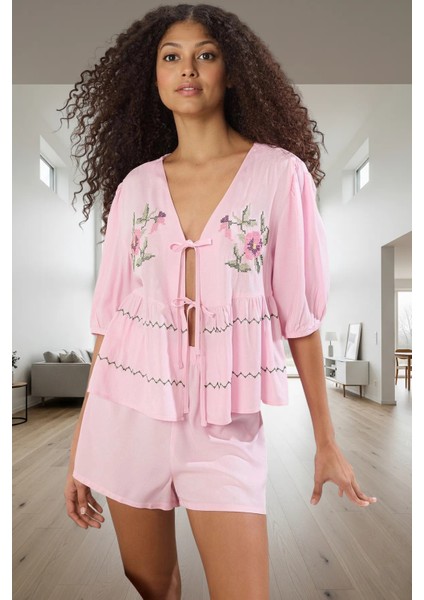 Nakışlı Fiyonklu Viskon Şortlu Pijama Takımı; Yazlık Rahat Homewear Uzun Ömürlü fiyatları